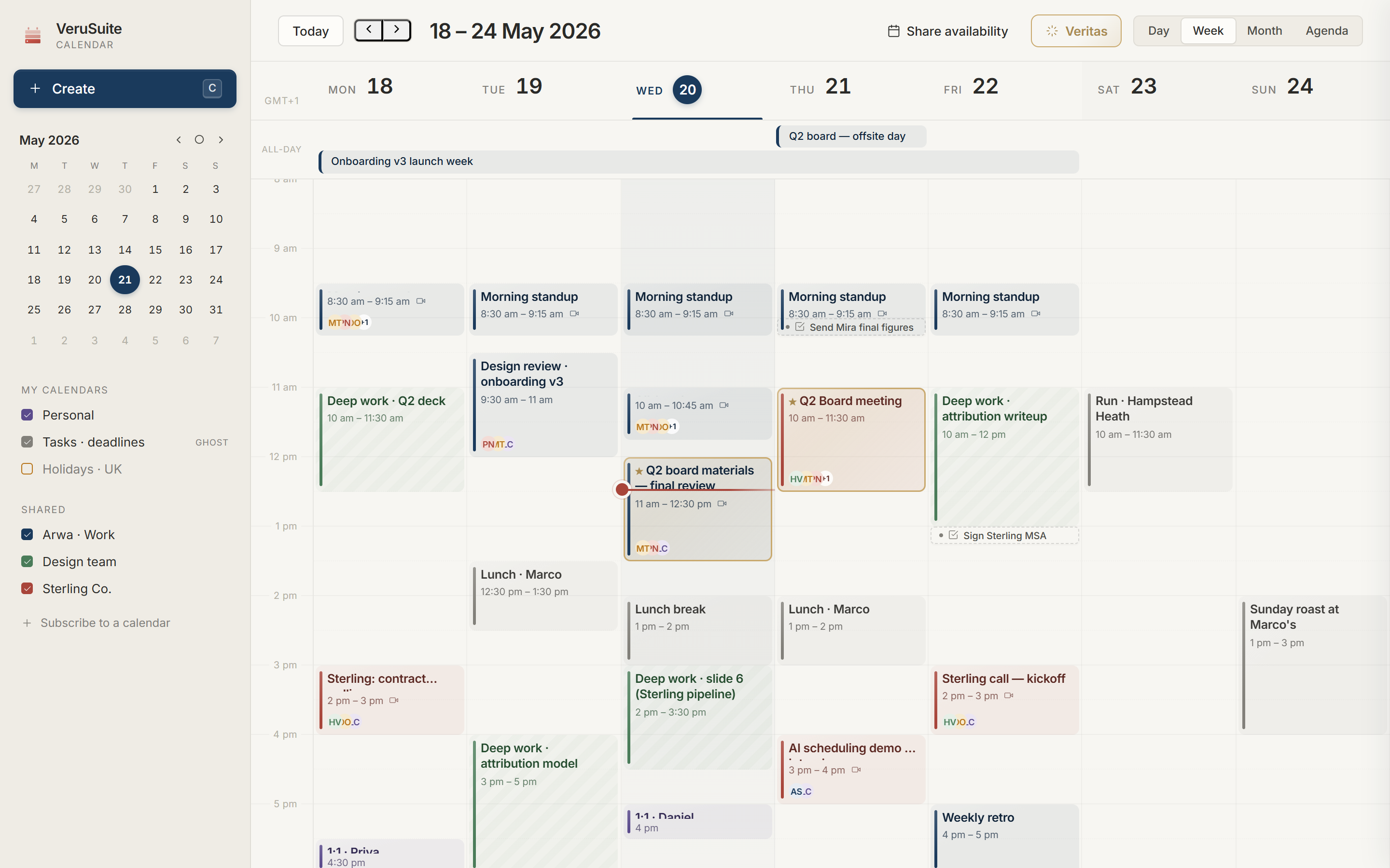 The VeruSuite Calendar week view with color-coded events across the team.