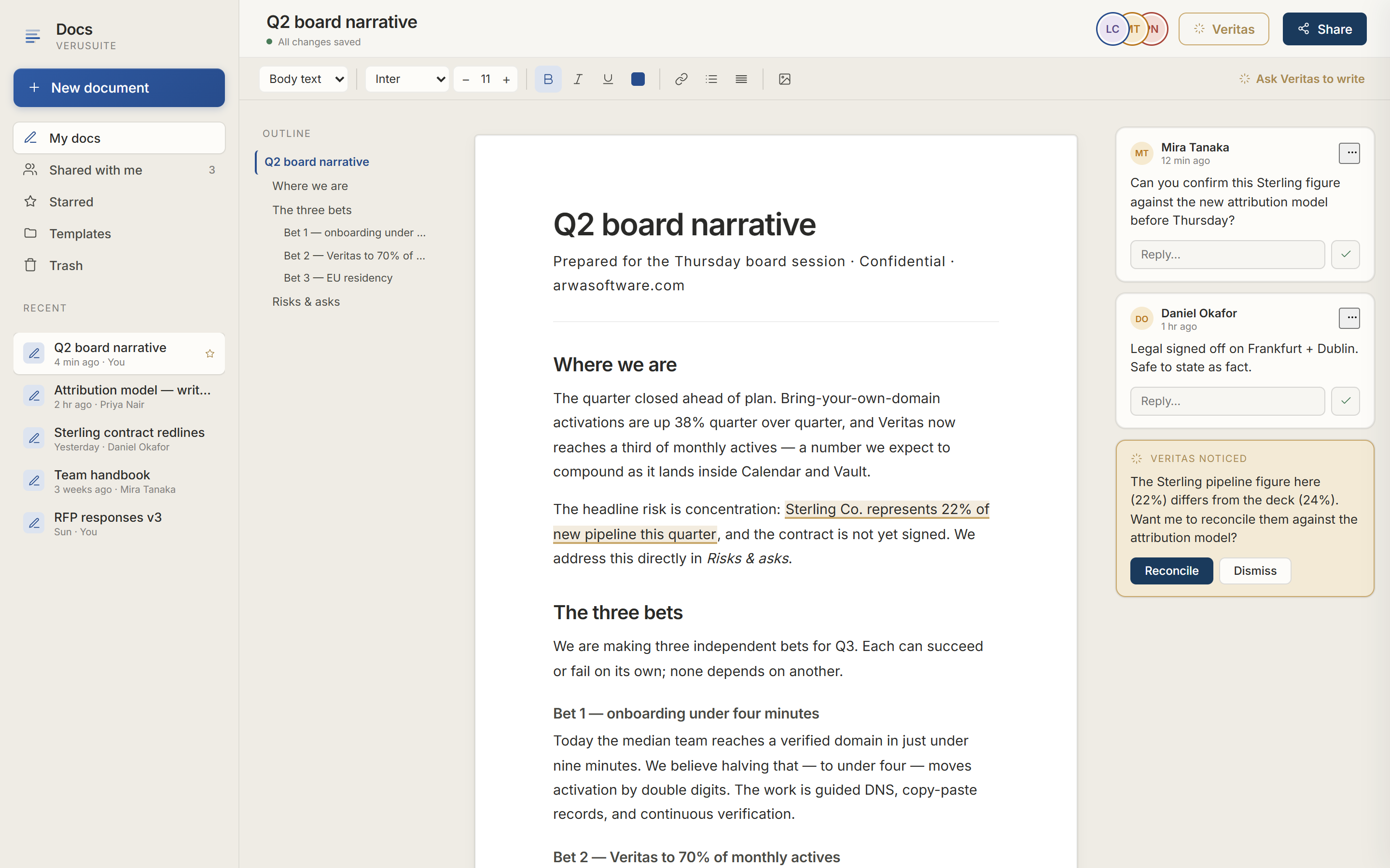 A VeruSuite document open in the editor with formatting and comments.