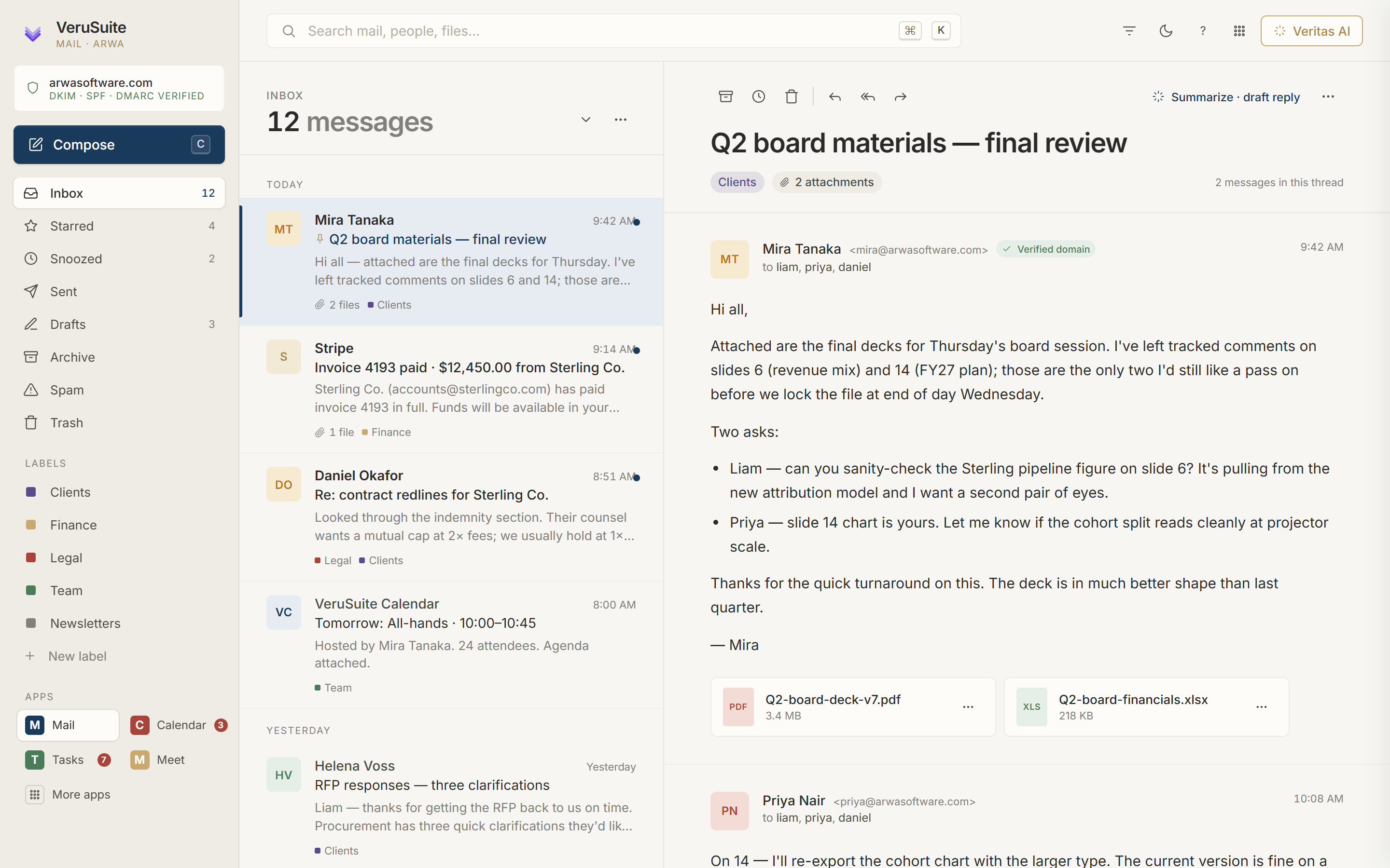 The VeruSuite Mail inbox: a three-pane view with a folder rail, message list, and a reading pane showing a threaded conversation.