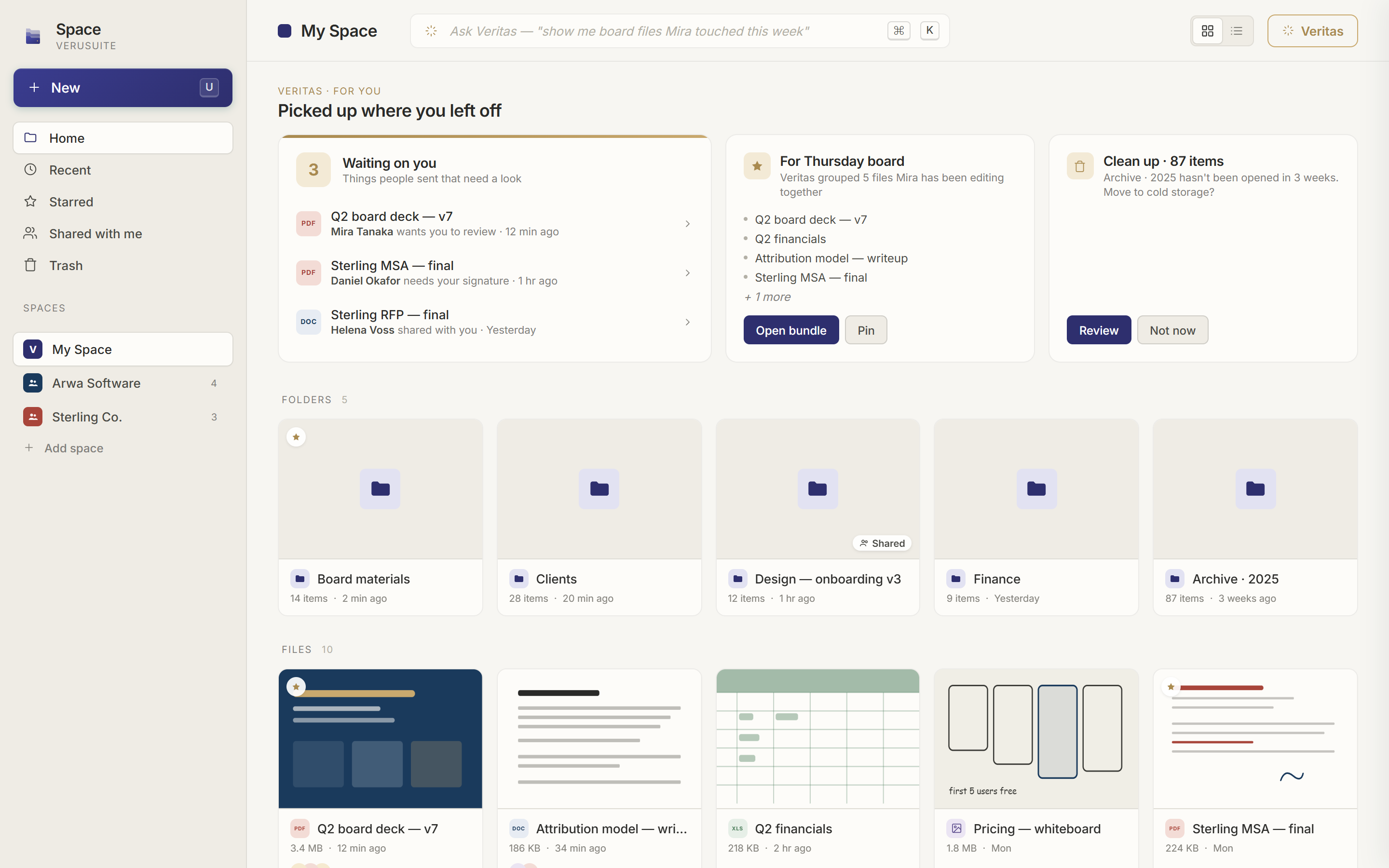 The VeruSuite Space file manager with folders, files, and a preview pane.